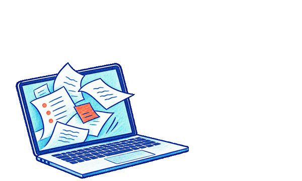 An illustrated laptop releases paper planes, a metaphor for turning source material into a published briefing