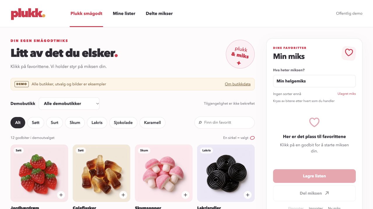 The Plukk demo with its visual candy catalogue and an empty shopping mix